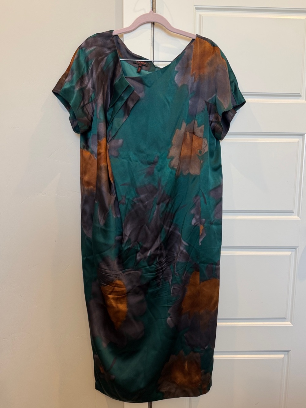 Escada Teal Shift Dress 100% Silk with Brown and Charcoal Floral Print